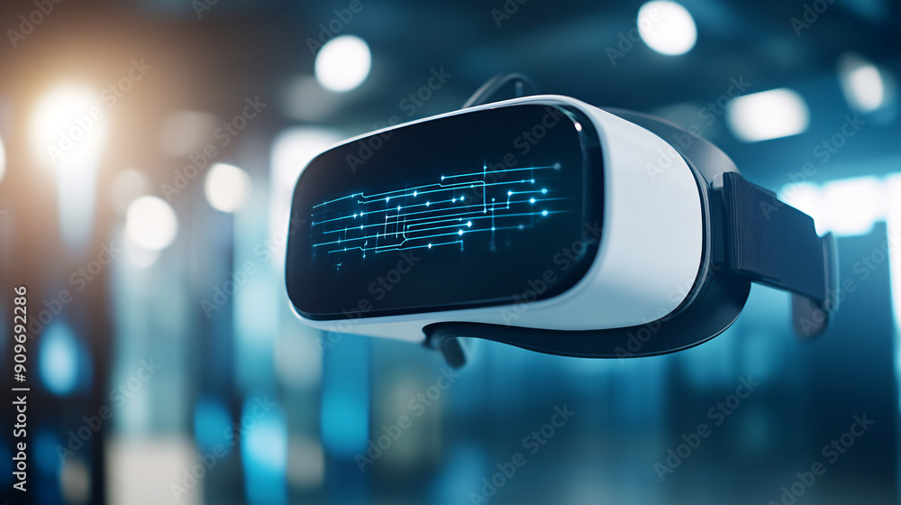 A sleek virtual reality headset with a digital interface, showcasing cutting-edge technology for immersive experiences in gaming and virtual environments. A sleek virtual reality headset with a digital interface, showcasing cutting-edge technology for immersive experiences in gaming and virtual environments.