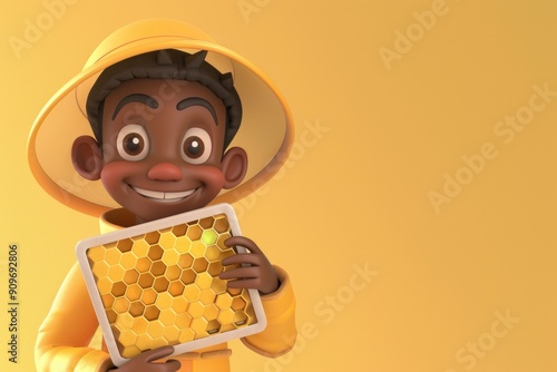 Enthusiastic Cartoon Child with Honeycomb - Vibrant 3D Illustration for Posters and Print Designs photo