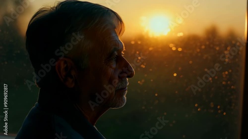 Lonely Elderly Man Reflecting at Sunset through Window