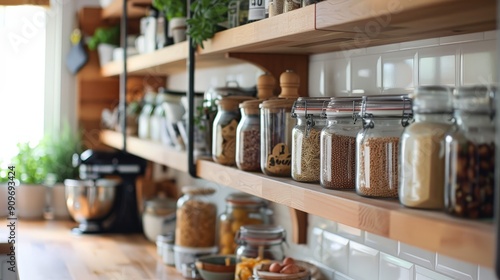 Organizing kitchen cabinets and pantry shelves, creating space for fresh spring ingredients.