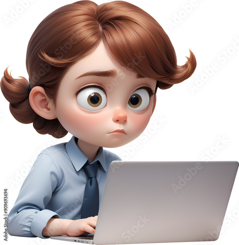 3D illustration icon of a young female office worker looking at a laptop photo