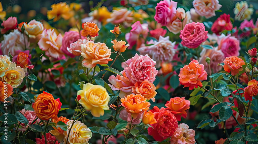 Naklejka premium Vibrant Garden Roses in Bloom Roses Blooming in Profusion Background AI Generative