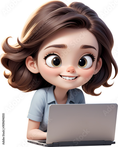 3D illustration icon of a young female office worker looking at a laptop photo