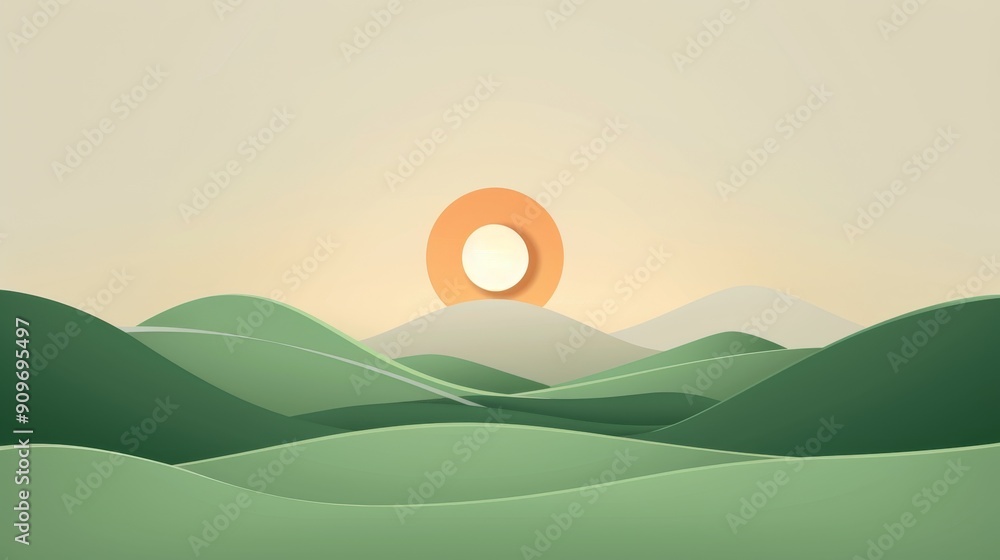 Vector landscape of hills and sun, Minimalist and Clean, Basic design, Uncomplicated, Plain and Simple, 2D illustration style Vector landscape of hills and sun, Minimalist and Clean, Basic design, Uncomplicated, Plain and Simple, 2D illustration style