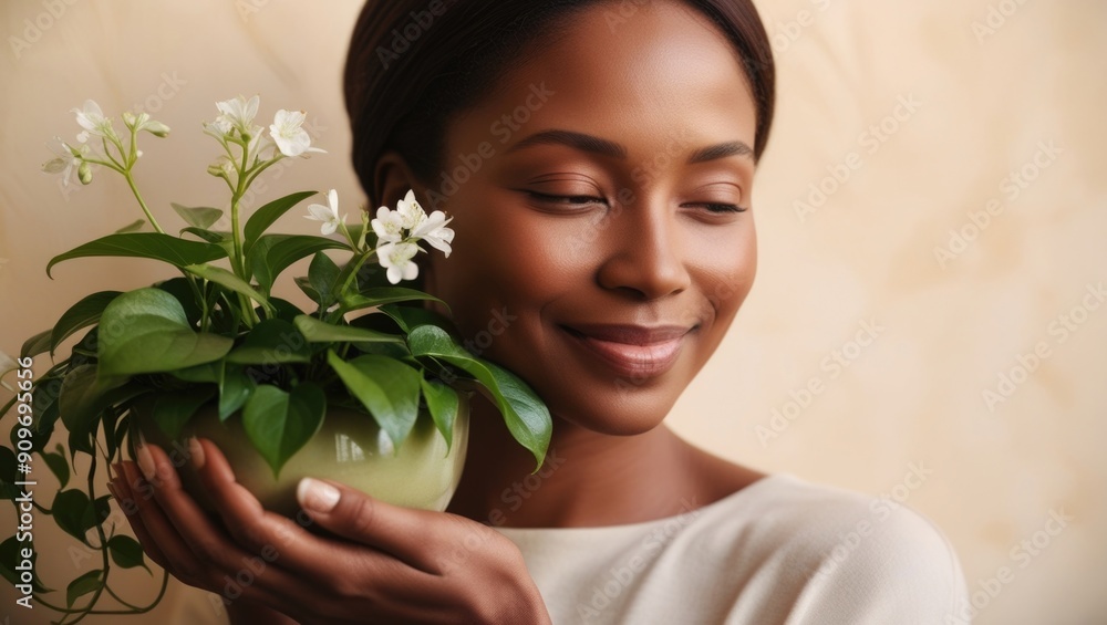 Woman holding green potted plant, smiling in calm indoor setting, natural light filling the room Woman holding green potted plant, smiling in calm indoor setting, natural light filling the room