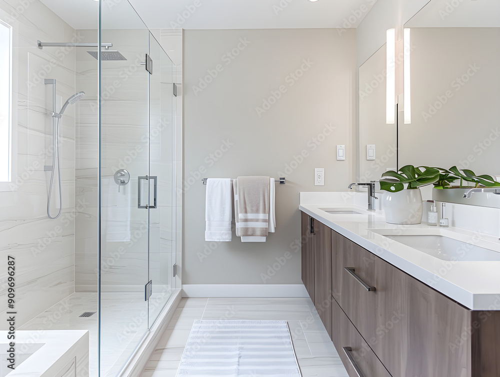 Sleek modern bathroom with frameless glass shower, minimalist design, white walls, chrome fixtures, luxury feel. Sleek modern bathroom with frameless glass shower, minimalist design, white walls, chrome fixtures, luxury feel.