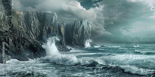 Panorama of a dramatic seaside cliff with crashing waves