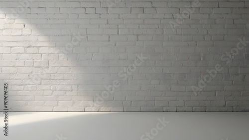 White brick wall and floor with sunlight and shadow. Minimal abstract background for product presentation.