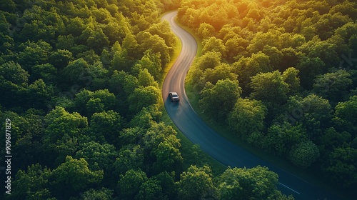 Aerial top view of a car driving through a winding forest road,  Winding road through the forest. Car drive on the road between green forest. Ecosystem ecology healthy environment road trip.Background