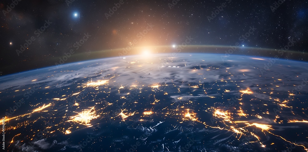 A breathtaking view of Earth from space, showcasing glowing city lights and a stunning sunrise over the horizon, creating a sense of wonder and peace. A breathtaking view of Earth from space, showcasing glowing city lights and a stunning sunrise over the horizon, creating a sense of wonder and peace.