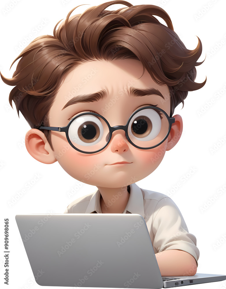 Young male office worker looking at laptop 3D illustration icon Young male office worker looking at laptop 3D illustration icon