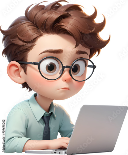 Young male office worker looking at laptop 3D illustration icon photo