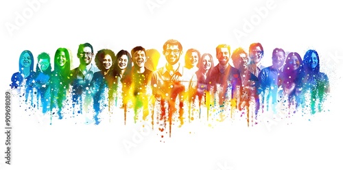 Diverse group of individuals smiling together, showcasing a vibrant blend of colors, representing unity and collaboration.