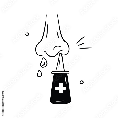 Medication for nasal congestion and sinus relief, doodle icon of nasal drops.