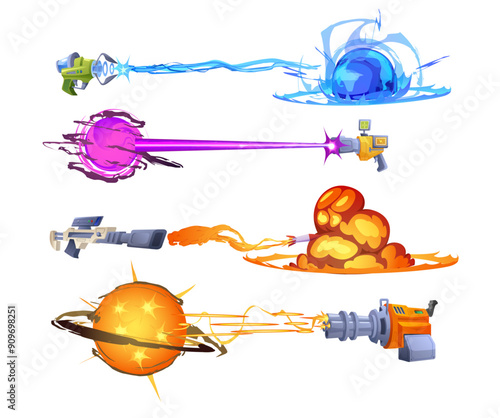 Blasters with fire and explosions, game weapon, set of vector illustration