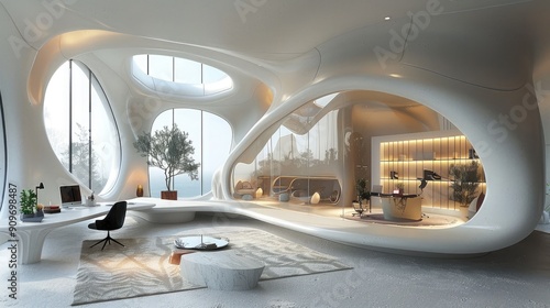 Office space in new naturalism style, incorporating clean lines, organic shapes, and a minimalist design with a touch of process art