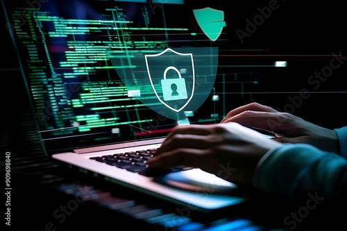 A focused individual working on a laptop in a dark setting, with digital security symbols enhancing a sense of cybersecurity.