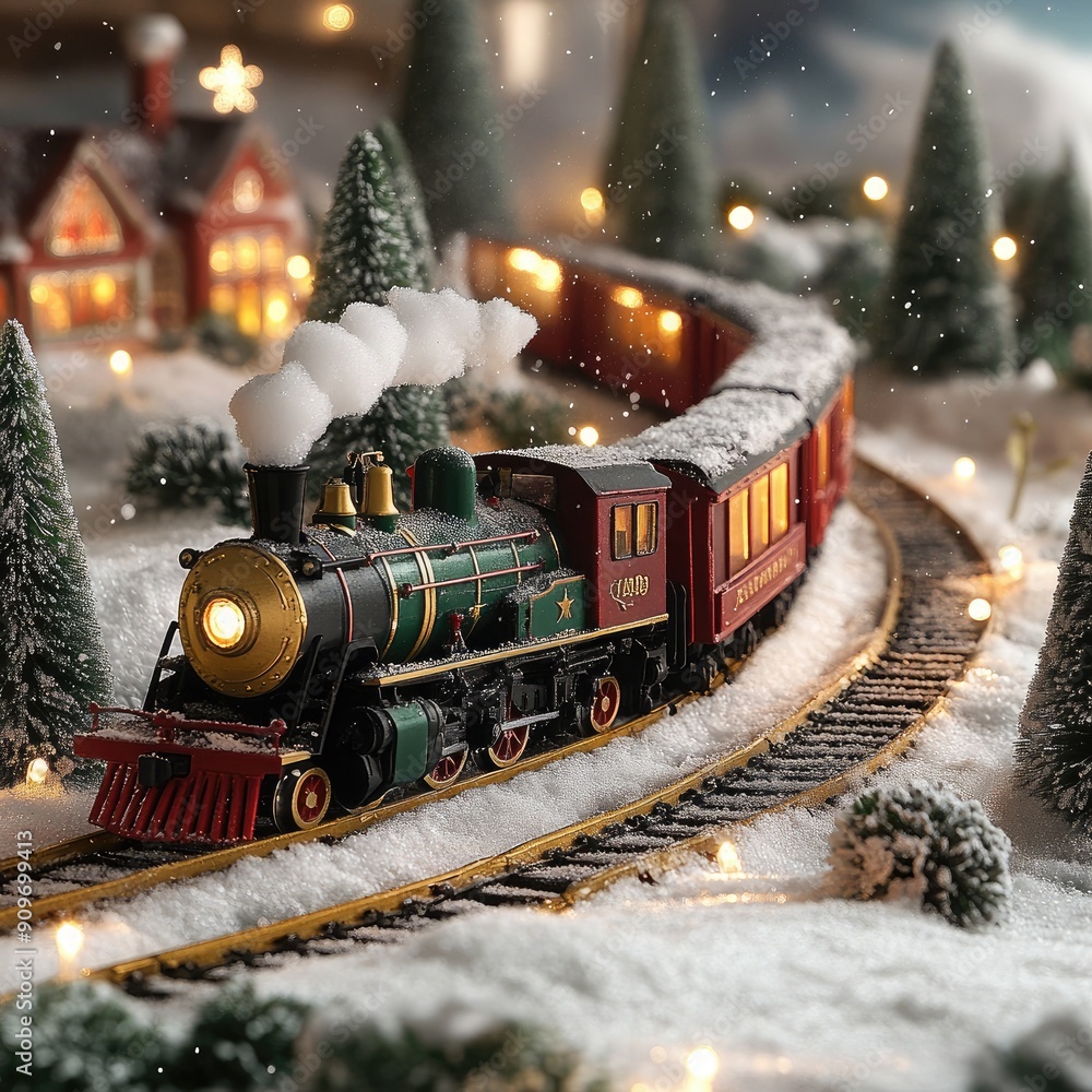 3D Christmas train set with snowy landscape, nostalgic holiday toy 3D Christmas train set with snowy landscape, nostalgic holiday toy