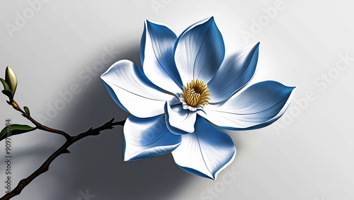 A painting of a blue magnolia flower with a yellow center, on a light gray background.