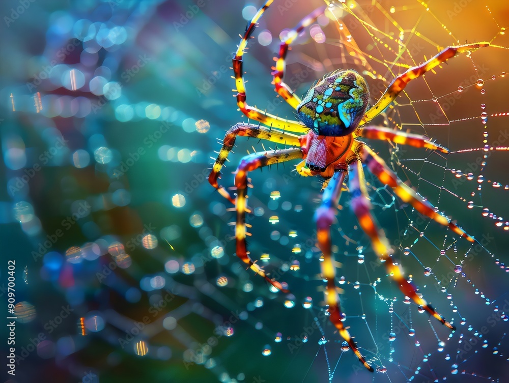 Macro shot of a vivid spider on its web with dew droplets on bokeh background. Generative AI Macro shot of a vivid spider on its web with dew droplets on bokeh background. Generative AI