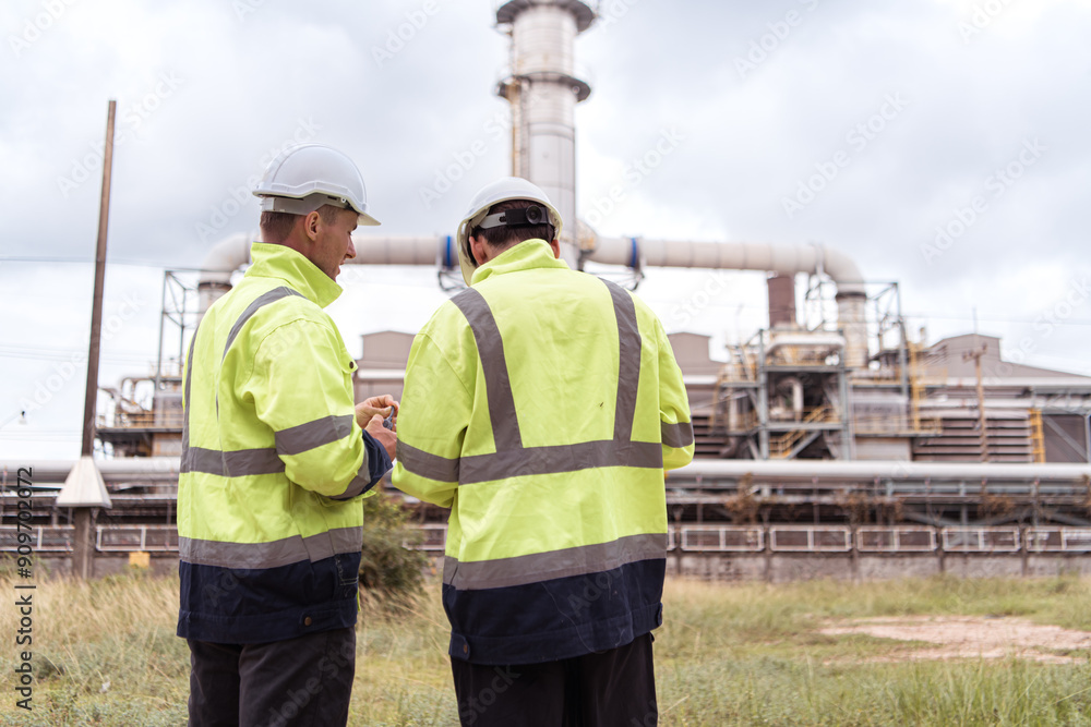 Both of Petroleum engineer is on a mission to inspect oil distillation at a huge oil refinery Both of Petroleum engineer is on a mission to inspect oil distillation at a huge oil refinery