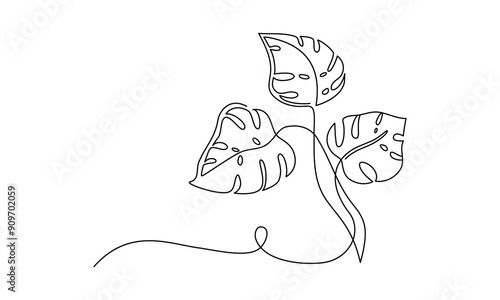 Rain forest leaves in one continuous line drawing. One line poster. Outline leaves. Element for interior design and presentations. Vector illustration.