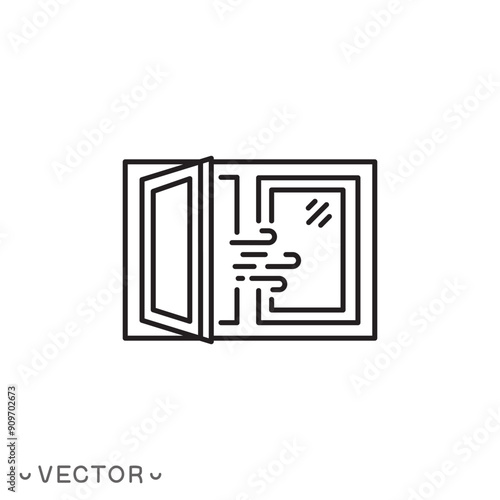 open window icon, room ventilation, sanitary hygiene, airing premises, thin line symbol isolated on white background, editable stroke eps 10 vector illustration