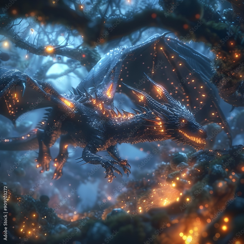 Majestic Dragon Soaring Through Enchanted Nocturnal Forest Amid Glowing Creatures Majestic Dragon Soaring Through Enchanted Nocturnal Forest Amid Glowing Creatures
