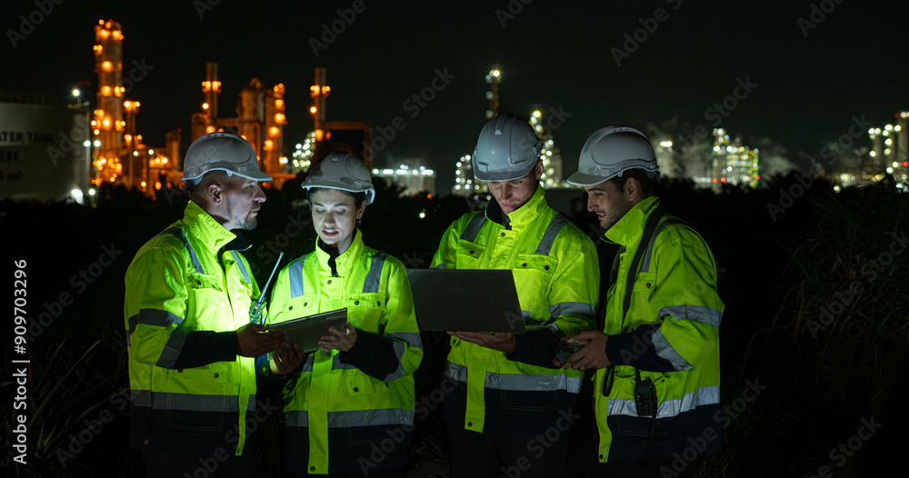 Group of Petroleum engineer is on a mission to inspect oil distillation at a huge oil refinery Group of Petroleum engineer is on a mission to inspect oil distillation at a huge oil refinery