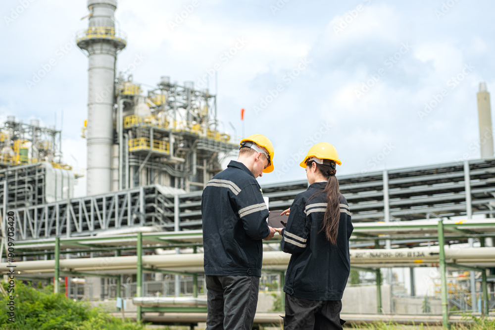 Both of Petroleum engineer is on a mission to inspect oil distillation at a huge oil refinery Both of Petroleum engineer is on a mission to inspect oil distillation at a huge oil refinery