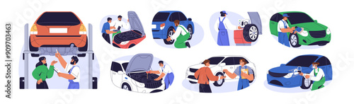 Car repair shop, service set. Auto mechanic checking and fixing vehicle. Automotive technician at work, automobile maintenance at workshop. Flat vector illustration isolated on white background