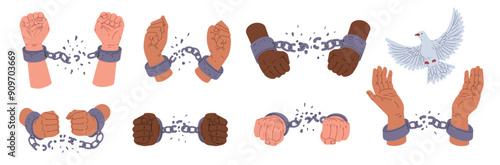 White dove, hands in handcuffs - freedom vector set.