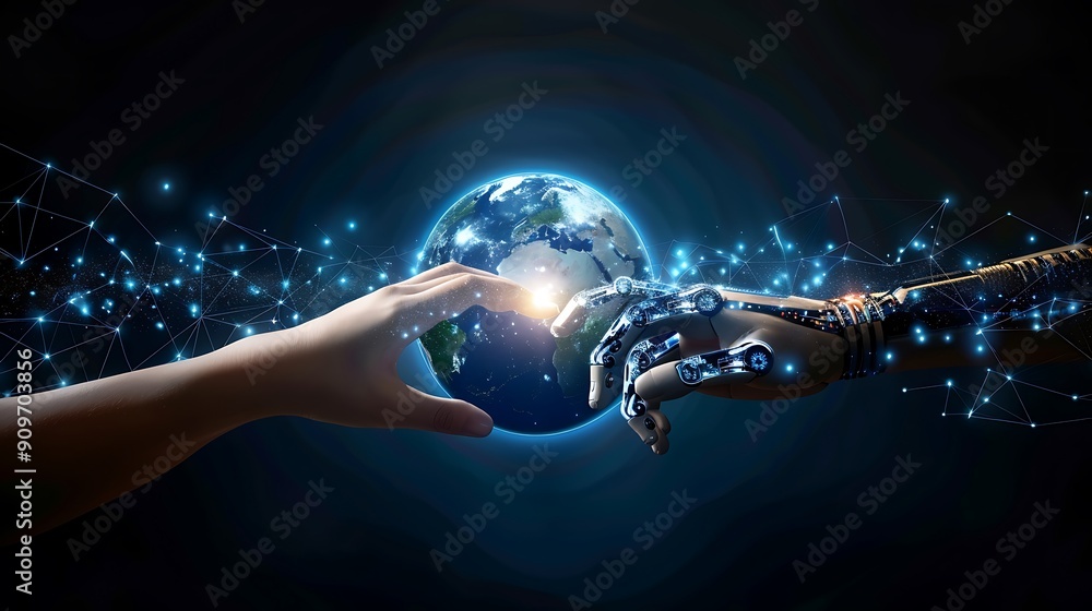 A human hand reaches out to connect with a futuristic robotic hand above a glowing Earth, symbolizing the harmony between humanity and technology. A human hand reaches out to connect with a futuristic robotic hand above a glowing Earth, symbolizing the harmony between humanity and technology.