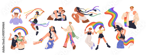 LGBTQ people with rainbow flags and symbols. LGBT characters set. Homosexual couples, happy gays and lesbians celebrating love, pride month. Flat vector illustration isolated on white background