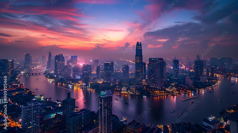 Stunning Aerial View of Bangkok Skyline at Dazzling Dusk with Iconic Skyscrapers and Vibrant City Lights Stunning Aerial View of Bangkok Skyline at Dazzling Dusk with Iconic Skyscrapers and Vibrant City Lights