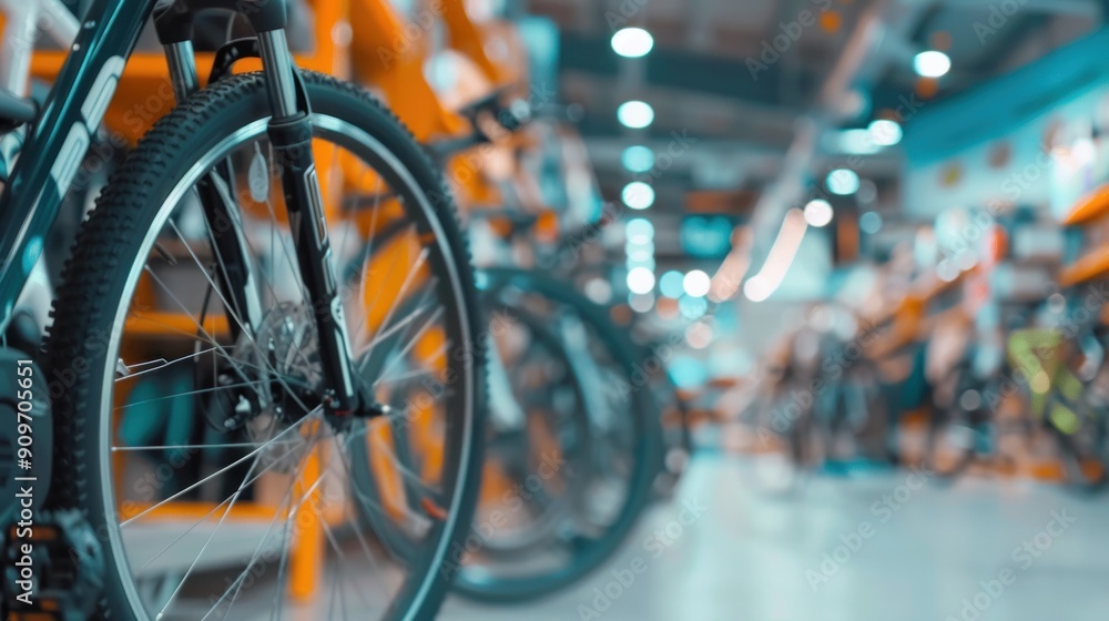 Bicycle sales showroom, in the middle of the showroom there is a large and bright display area displaying various types of bicycles Bicycle sales showroom, in the middle of the showroom there is a large and bright display area displaying various types of bicycles