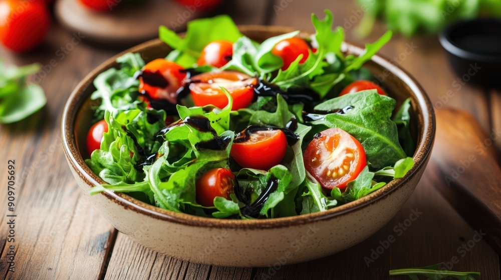 Fresh Arugula Salad with Cherry Tomatoes and Balsamic Dressing Fresh Arugula Salad with Cherry Tomatoes and Balsamic Dressing