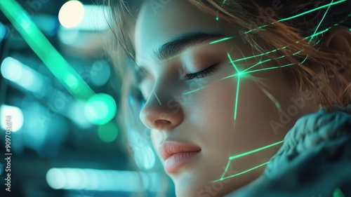 Close-up portrait of woman illuminated by green laser beams. photo