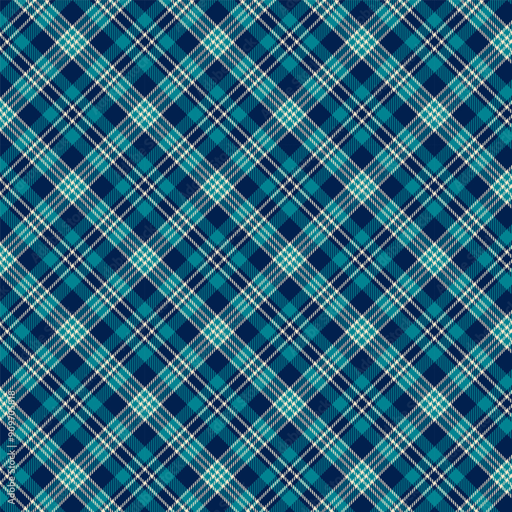 Seamless plaid pattern with dark blue and green colors, accented with beige lines. The design comprises intersecting stripes forming diamond shapes and squares, creating a classic tartan look. Seamless plaid pattern with dark blue and green colors, accented with beige lines. The design comprises intersecting stripes forming diamond shapes and squares, creating a classic tartan look.