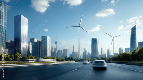 Futuristic cityscape powered by renewable energy, showcasing sustainability.