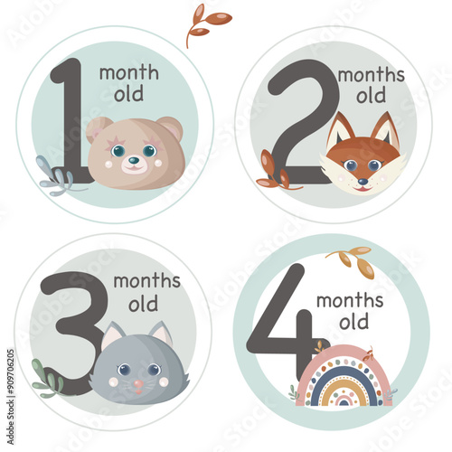 Set of milestone cards for newborn baby photo shoot. First month, 2, 3 and 4 months. photo