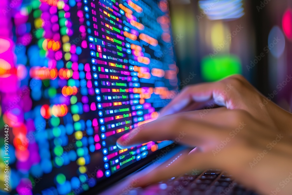 Close-up of a person's hands typing on a laptop with colorful, vibrant code displayed on the screen, showcasing the art of programming and technology. Close-up of a person's hands typing on a laptop with colorful, vibrant code displayed on the screen, showcasing the art of programming and technology.