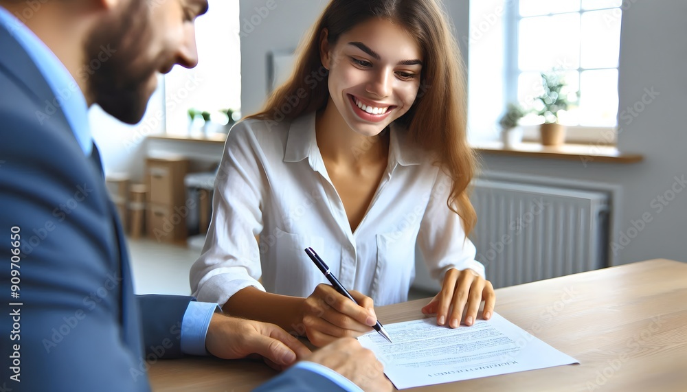 Happy female client signs a lease or purchase agreement given to her by a bank manager or real estate agent. Happy female client signs a lease or purchase agreement given to her by a bank manager or real estate agent.