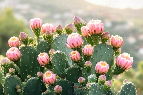 Blooming Prickly Pear Cactus with Pink Flowers photo