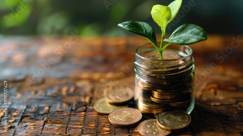 Growing Plant in a Jar of Coins on Wooden Table Symbolizing Financial Growth and Investment Opportunities