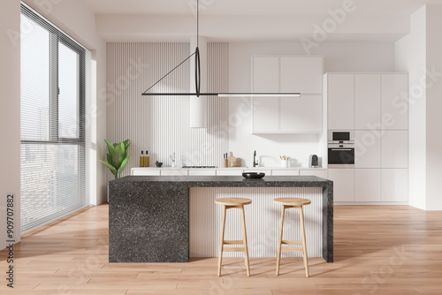 Modern minimalist kitchen with island, stools, and large window. 3D Rendering photo