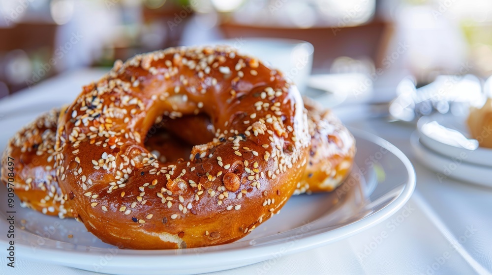 Freshly Baked Sourdough Bagels on a White Ceramic Plate, Perfect for Breakfast or Brunch Generative AI Freshly Baked Sourdough Bagels on a White Ceramic Plate, Perfect for Breakfast or Brunch Generative AI