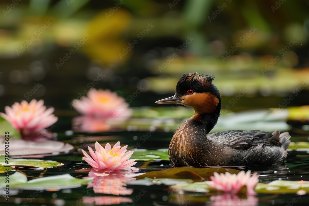 A peaceful image of a little grebe swimming in a tranquil pond, surrounded by water lilies. A peaceful image of a little grebe swimming in a tranquil pond, surrounded by water lilies.