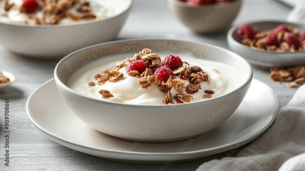 Delicious Yoghurt on a White Ceramic Plate, Gut Friendly Food Presentation Generative AI Delicious Yoghurt on a White Ceramic Plate, Gut Friendly Food Presentation Generative AI