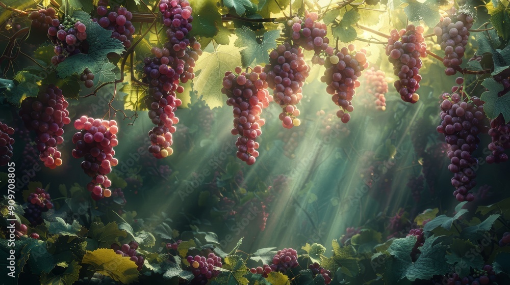 Fototapeta premium Fresh Grapes in a Lush Green Vineyard, Perfect for Wine and Fruit Lovers Generative AI